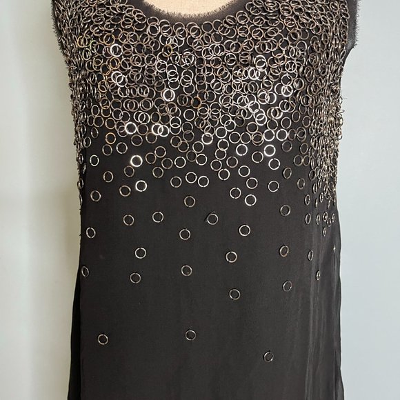 Elie Tahari Sleeveless Black Shift Dress Metal Ring Circles Sz M Silk Short - Picture 7 of 9